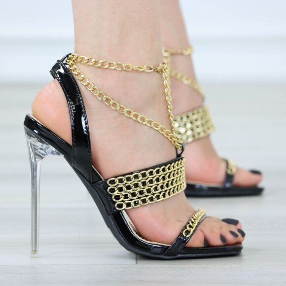 Open Toe High Heel Sandals Gold Chain Ankle Strap Patent Leather Stilettos - Picture 7 of 13